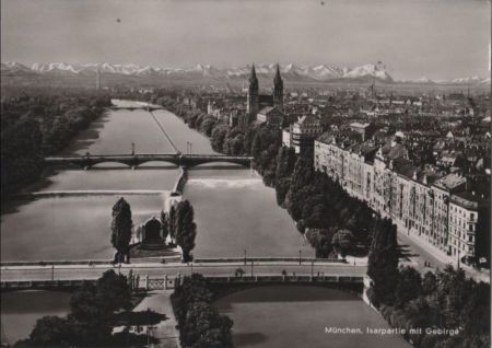 München - Isarpartie mit Gebirge - 1954 München - Isarpartie mit Gebirge - 1954