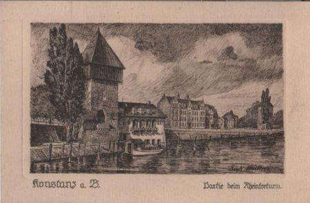 Konstanz - Partie beim Rheintorturm, nach Federzeichnung v. Müllers - ca. 1950 Konstanz - Partie beim Rheintorturm, nach Federzeichnung v. Müllers - ca. 1950