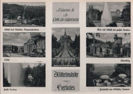 Kassel-Wilhelmshöhe - u.a. Fliegeraufnahme, Schloß und Herkules - ca. 1955 Kassel-Wilhelmshöhe - u.a. Fliegeraufnahme, Schloß und Herkules - ca. 1955