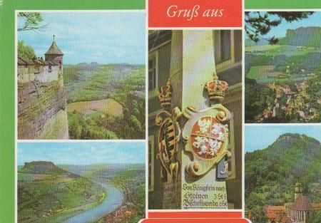 Königstein - Blick vom Königstein, Blick auf Elbe und Lilienstein, Postmeilensäule Königstein - Blick vom Königstein, Blick auf Elbe und Lilienstein, Postmeilensäule