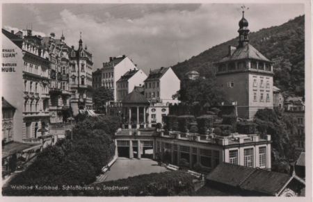 Karlsbad - Schloßbrunn und Stadtturm - ca. 1955 Karlsbad - Schloßbrunn und Stadtturm - ca. 1955