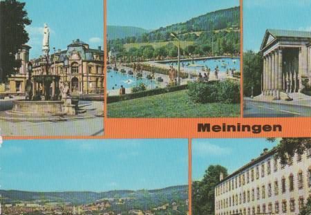 Meiningen - Heinrichsbrunnen am Platz der Republik, Bad, Theater, Schloß Staatliche Museen - 1979 Meiningen - Heinrichsbrunnen am Platz der Republik, Bad, Theater, Schloß Staatliche Museen - 1979