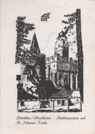 Patschkau - Stadtmauerturm und St. Johanniskirche - ca. 1970 Patschkau - Stadtmauerturm und St. Johanniskirche - ca. 1970