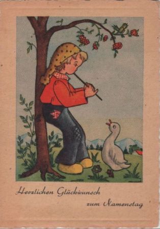 Glückwunsch zum Namenstag Kind mit Vogel Glückwunsch zum Namenstag Kind mit Vogel