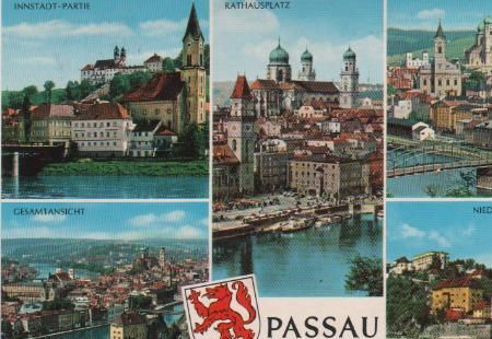 Passau - Innstadt-Partie, Gesamtansicht, Rathausplatz, Blick zum Dom, Nieder- und Oberhaus - 1978 Passau - Innstadt-Partie, Gesamtansicht, Rathausplatz, Blick zum Dom, Nieder- und Oberhaus - 1978
