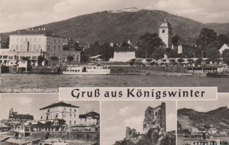 Königswinter - Blick auf den Petersberg, Rheinpromenade, Drachenfels, Fähre - ca. 1965 Königswinter - Blick auf den Petersberg, Rheinpromenade, Drachenfels, Fähre - ca. 1965