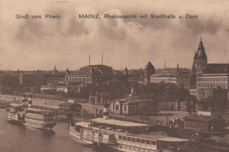 Mainz am Rhein - Gruß vom Rhein - Mainz Stadthalle u. Dom - ca. 1935 Mainz am Rhein - Gruß vom Rhein - Mainz Stadthalle u. Dom - ca. 1935